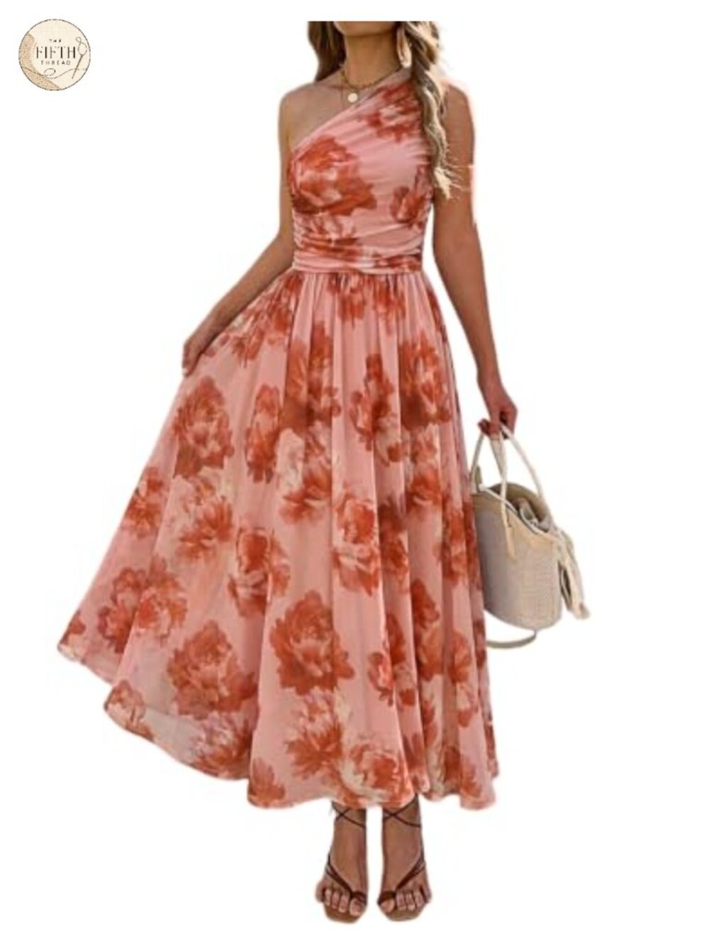 One Shoulder Floral Maxi Dress Wedding Guest A-Line Sleeveless Ruched Summer